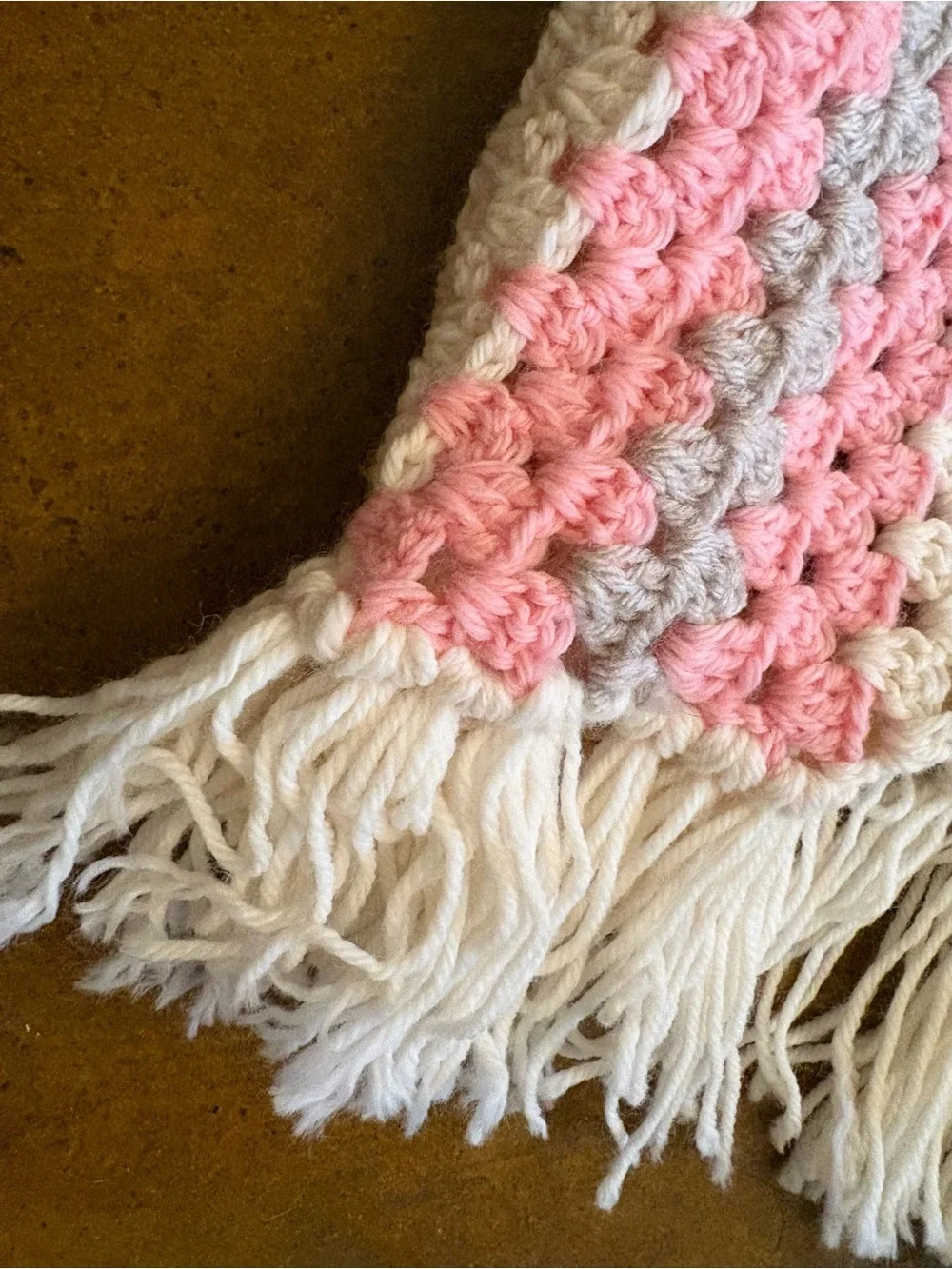 Handmade Cream and Pink Crochet Fringe Throw Blanket by